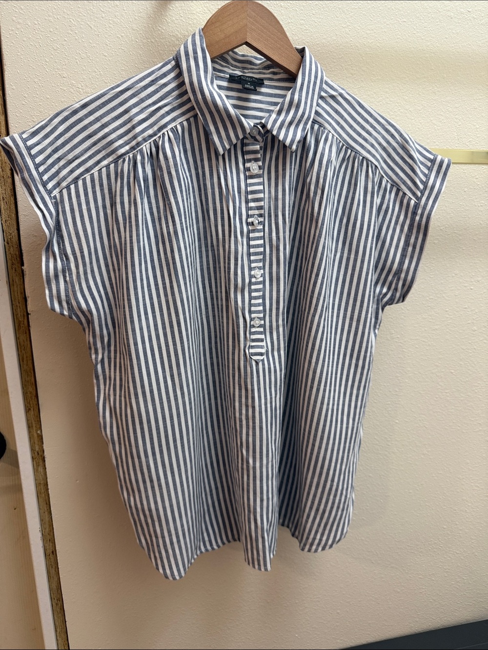 Ann Taylor Blue & White Striped Cap-Sleeve Button-Front Top